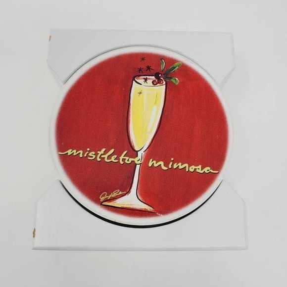 16. Ceramic Martini Mistletoe Mimosa Round Holiday Party Coasters Set of 4 - Picture 2 of 13